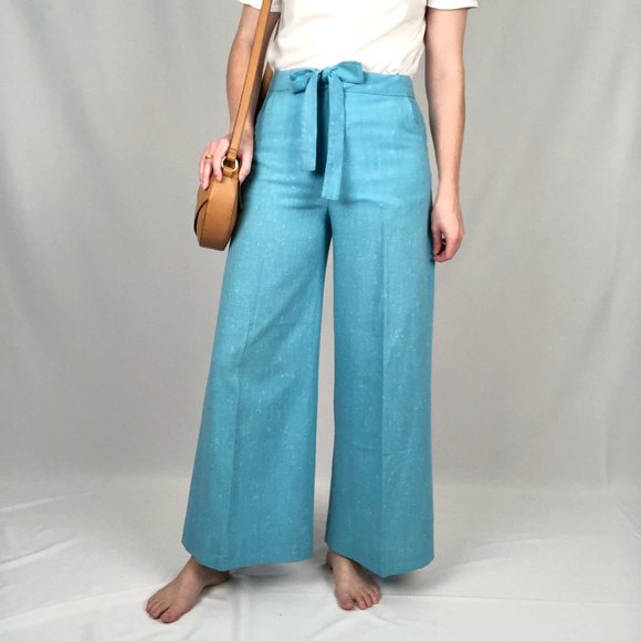 Vintage Pants - Vintage 70s Linen High Rise Flare Wide Leg Belted Bell Botton Blue Trouser Pants